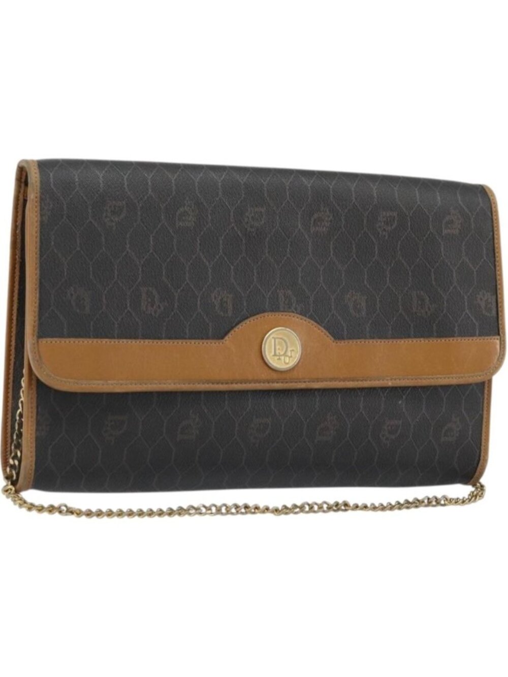 Christian Dior Honeycomb Canvas Chain Shoulder Bag PVC Black Gold